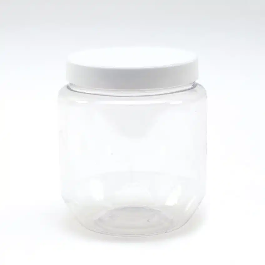 Kunststof glasheldere pot400 ml met witte dop